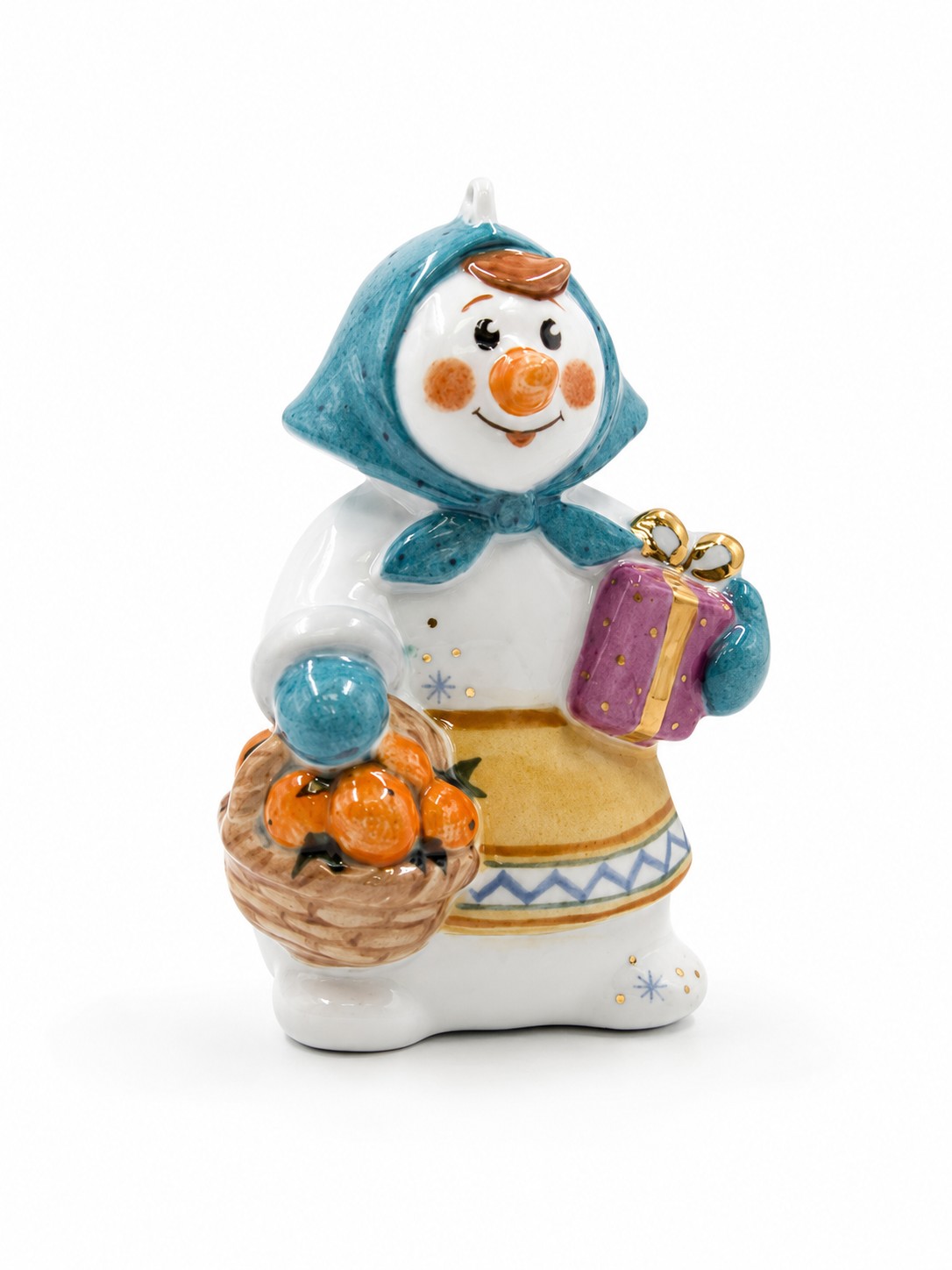 Елочная игрушка «Снеговичка в бирюзовом платке» Фарфор. 65 x 102 мм.