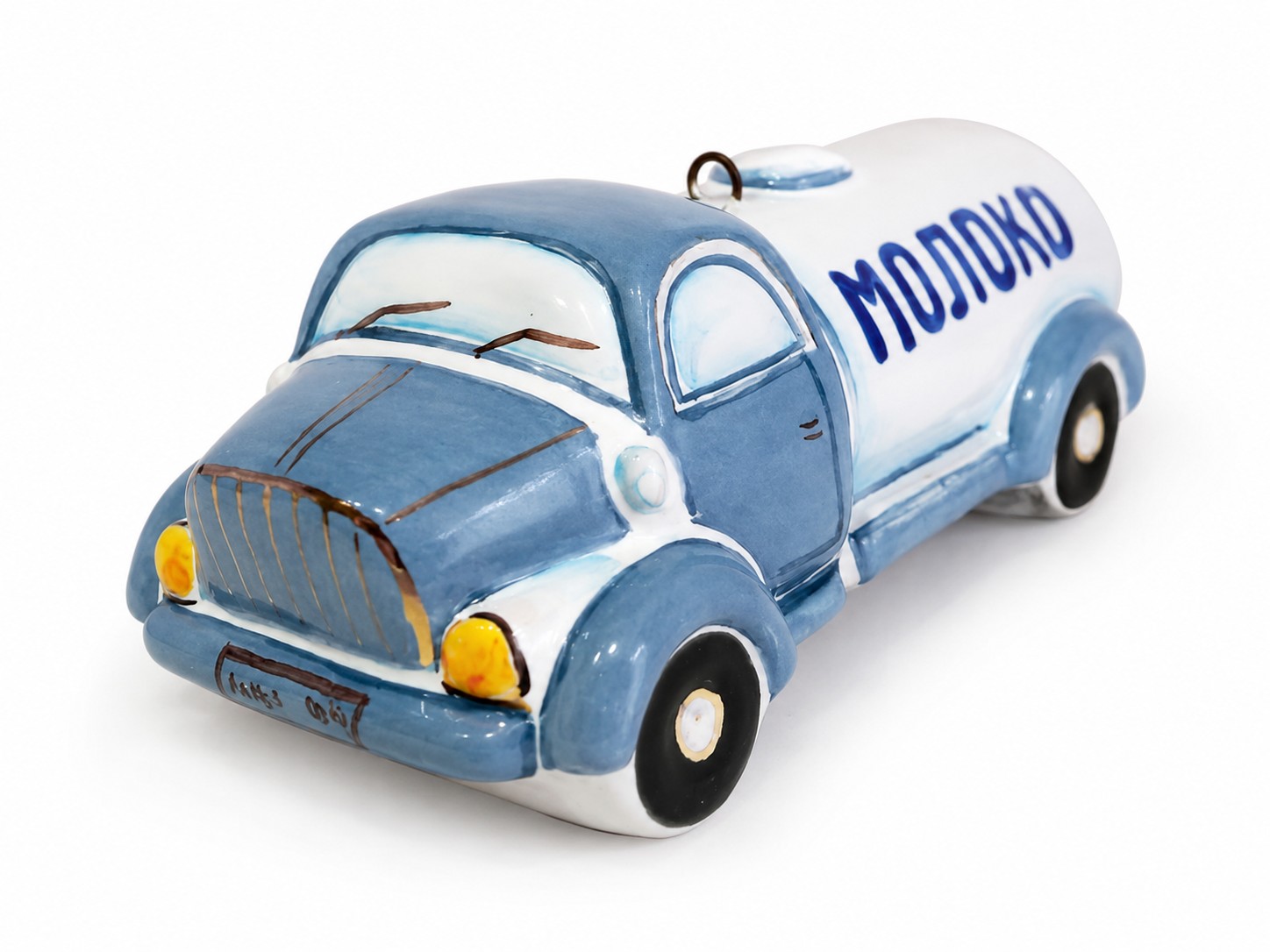 Елочная игрушка «Молоковоз» Майолика. 35 x 40 мм.