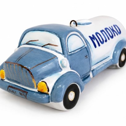 Елочная игрушка «Молоковоз» Майолика. 35 x 40 мм.