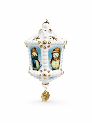 Елочная игрушка Фонарик с бусинками Снеговики 70 x 120 мм.