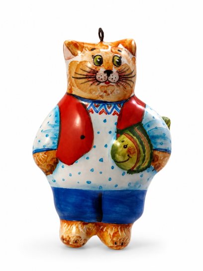 Елочная игрушка «Кот с рыбкой» Майолика. 40 x 63 мм.