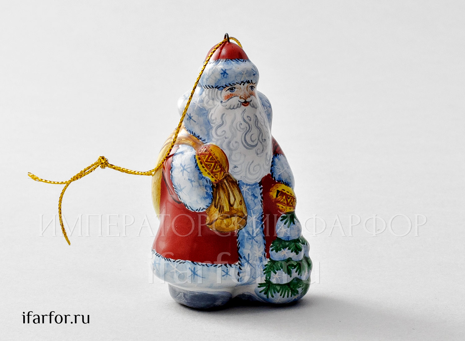 Елочная игрушка «Дед Мороз с елочкой в красной шубе» Майолика. 41 x 50 x 83 мм.