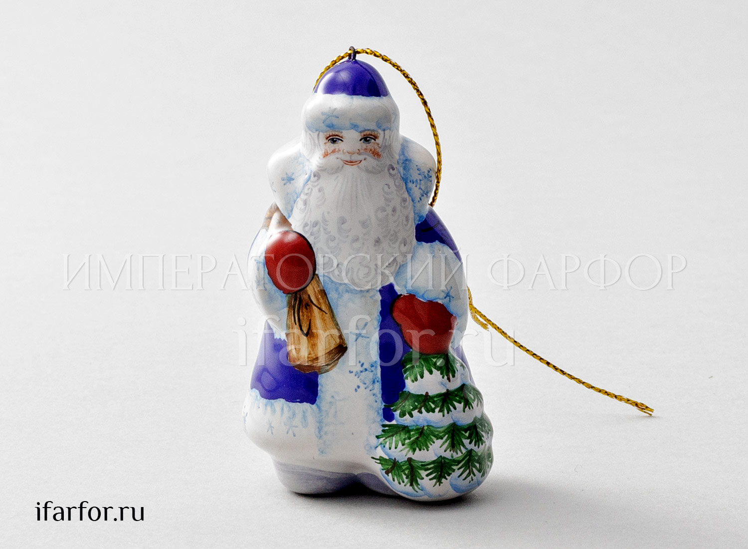 Елочная игрушка «Дед Мороз с елочкой в синей шубе» Майолика. 41 x 50 x 83 мм.