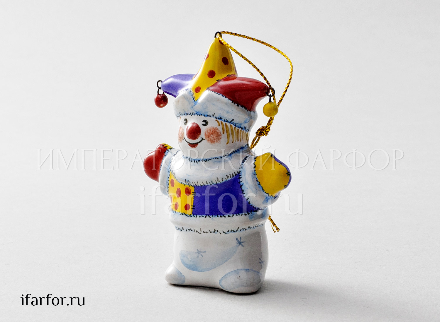Елочная игрушка «Снеговик-скоморох» Форма: Снеговик-скоморох. Майолика. 35 x 60 x 86 мм.