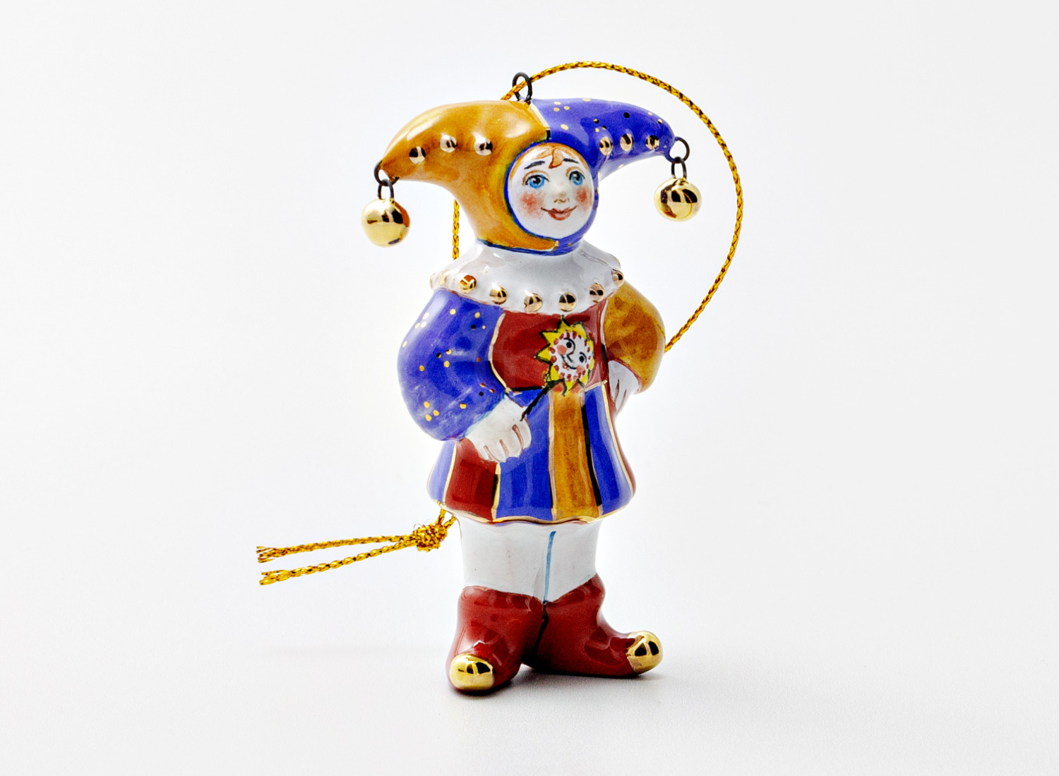 Елочная игрушка «Золотой ключик. Шут с бубенчиками» Майолика. 20 x 45 x 75 мм.