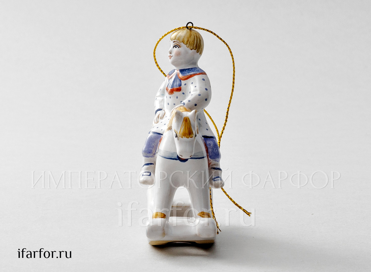 Елочная игрушка «Мальчик на лошадке» Форма: Мальчик на лошадке. Майолика. 85 x 95 мм.