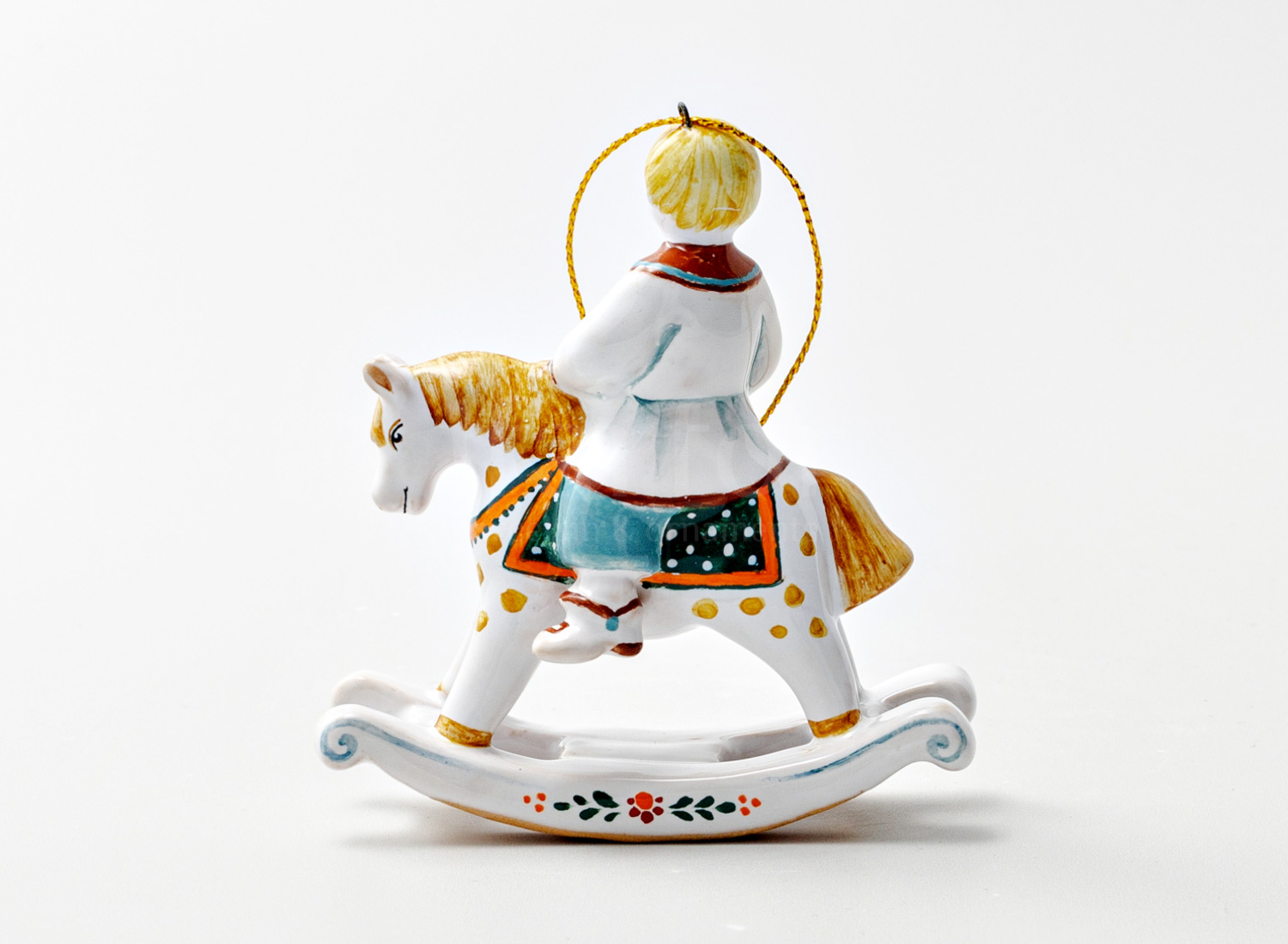 Елочная игрушка «Мальчик на лошадке» Форма: Мальчик на лошадке. Майолика. 85 x 95 мм.